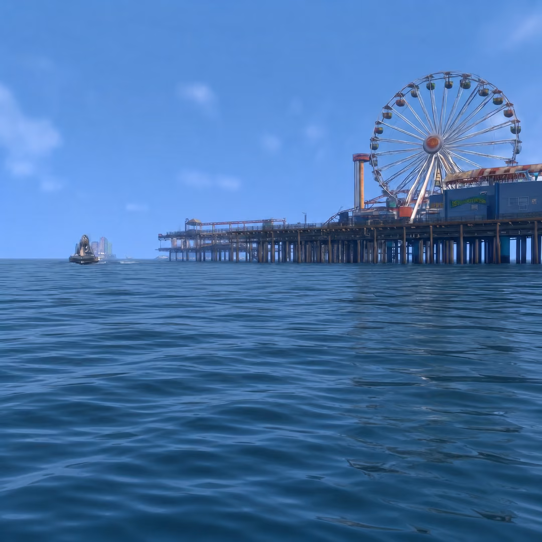 feesh driving a speedboat away from the city